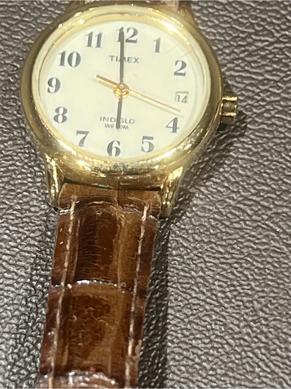 Timex Gold Tone Case White Dial Watch with Brown Strap